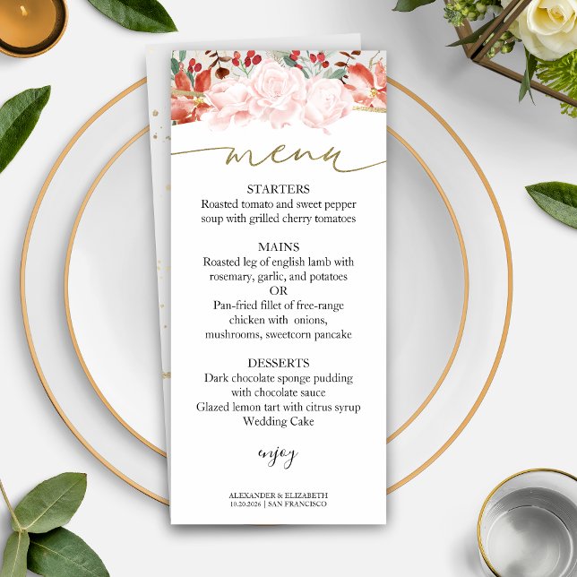 Winter Wedding Menu Card Gilded Watercolor Floral (Von Creator hochgeladen)