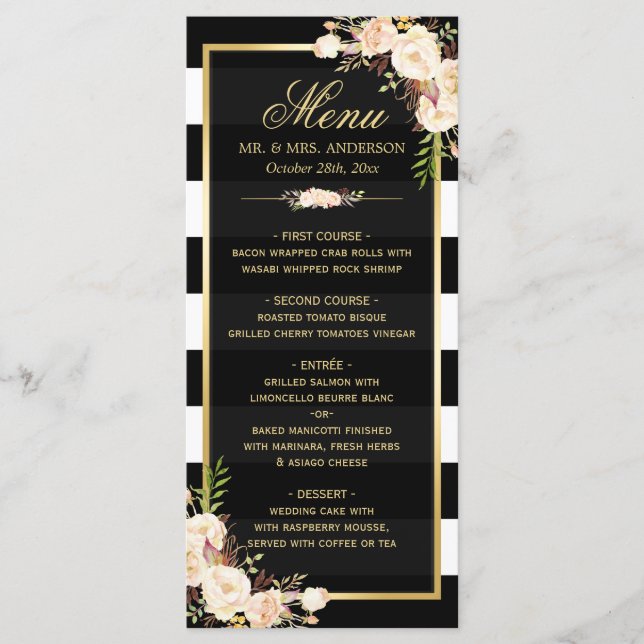 Winter Wedding Menu White Elfenbein Floral Stripin Menükarte (Vorderseite)