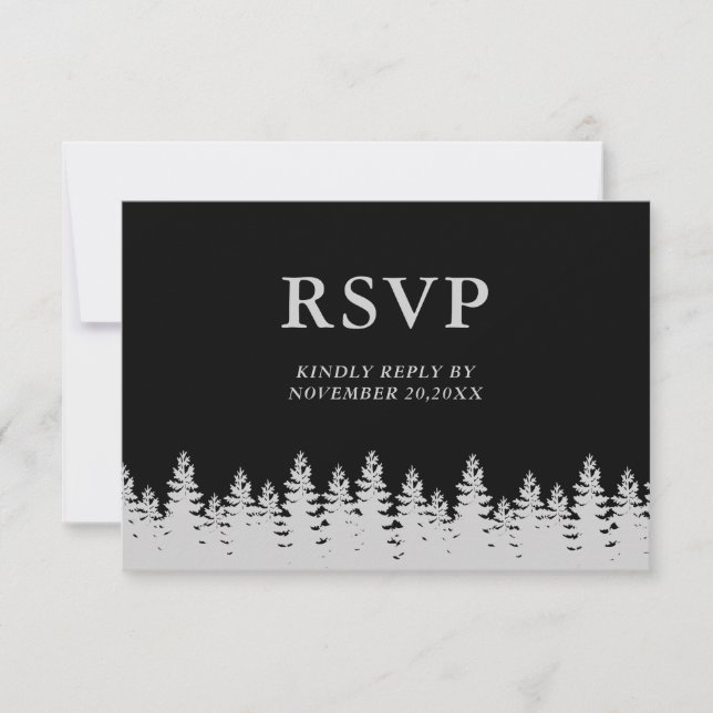 Winter Wedding mit schwarzen und silbernen Pinien RSVP Karte (Vorderseite)