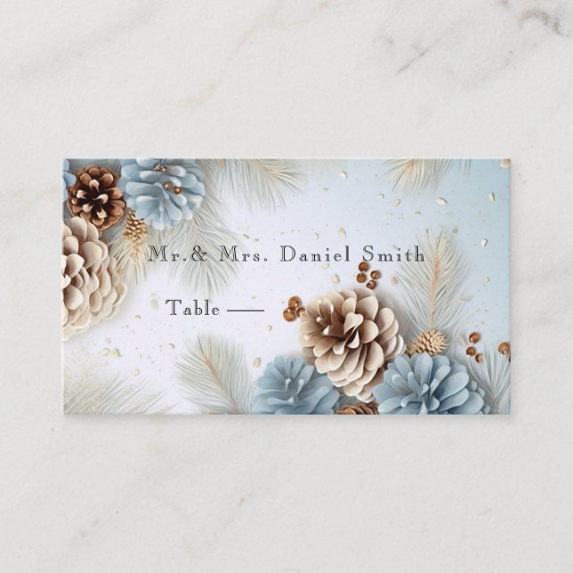 Winter Wedding Pine Cones Blue Brown White Platzkarte (Vorderseite)