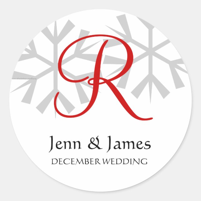 Winter Wedding Red Announcement Monogram Siegel Runder Aufkleber (Vorderseite)