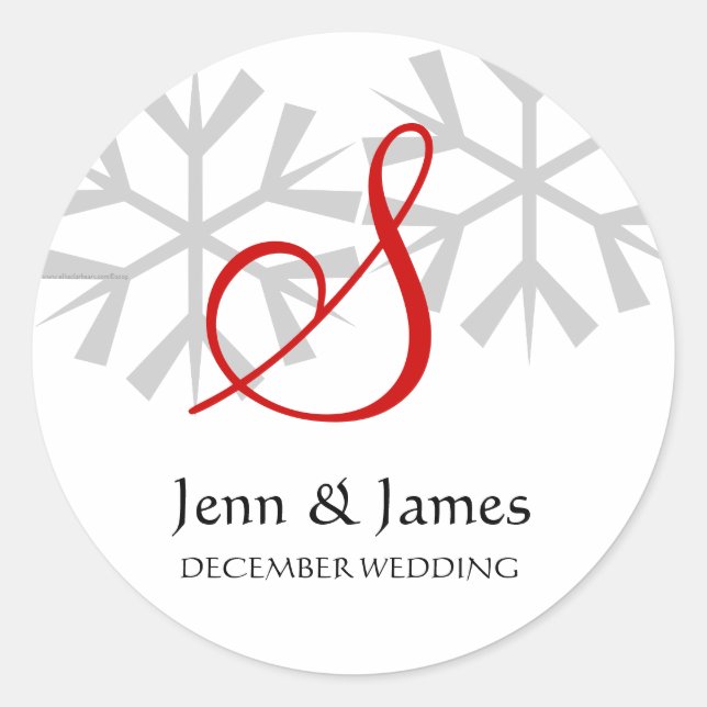 Winter Wedding Red Announcement Monogram Siegel Runder Aufkleber (Vorderseite)