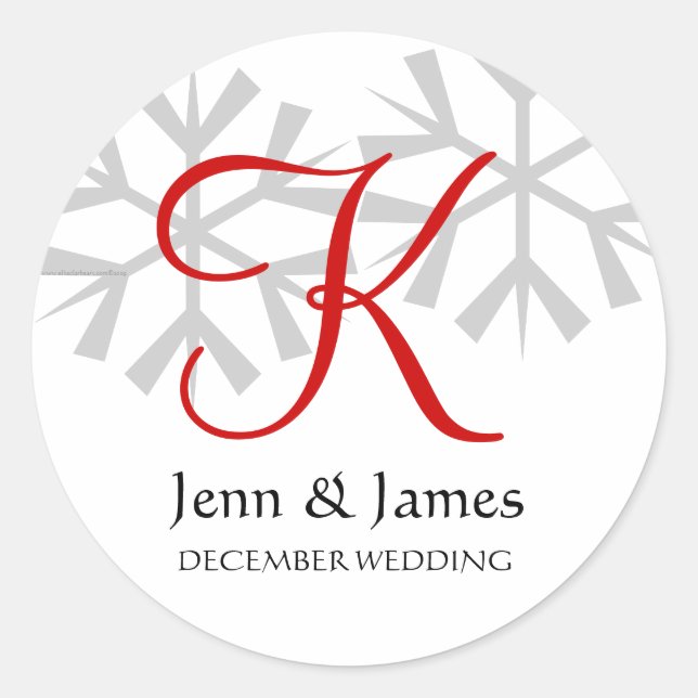 Winter Wedding Red Announcement Monogram Siegel Runder Aufkleber (Vorderseite)
