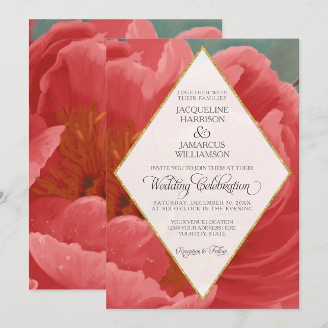 Winter Wedding Red Peony Gold Imitate Glitzer Diam Einladung (Vorne/Hinten)