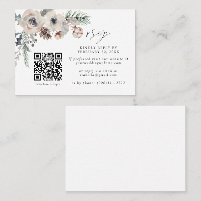 Winter Wedding Rustic White QR Code Hochzeit RSVP Begleitkarte (Vorne/Hinten)