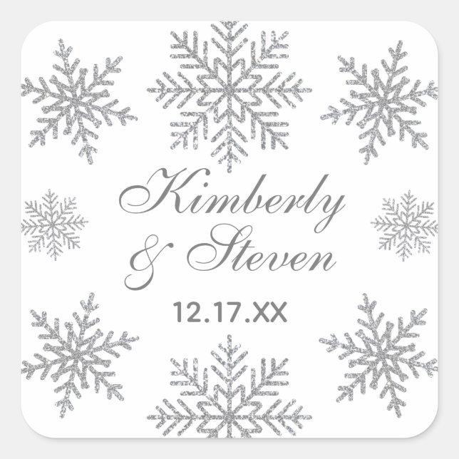 Winter Wedding Silver Snowflake  Quadratischer Aufkleber (Vorderseite)