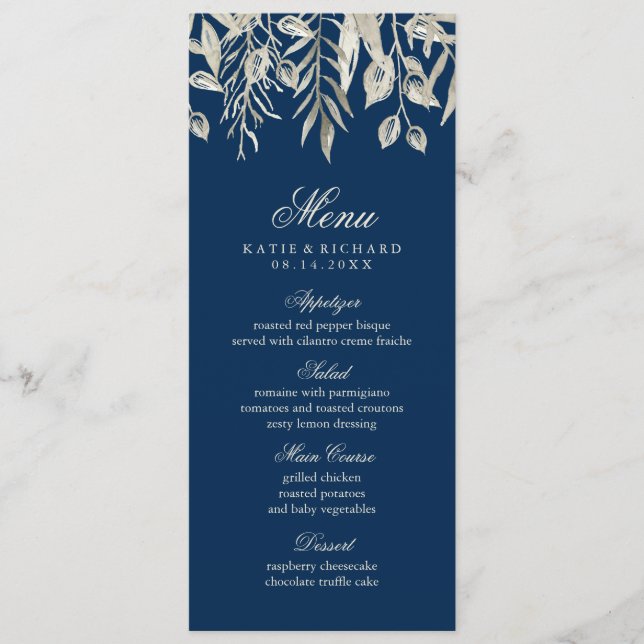 Winter Wedding Silver und Navy Blue Menu Menükarte (Vorderseite)