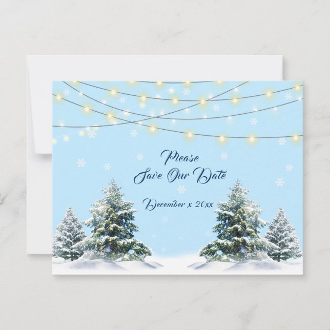 Winter Wedding String Lights Snow Covered Trees Save The Date (Vorderseite)