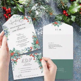 Winter Wedding Watercolor Holly and Berries All In One Einladung