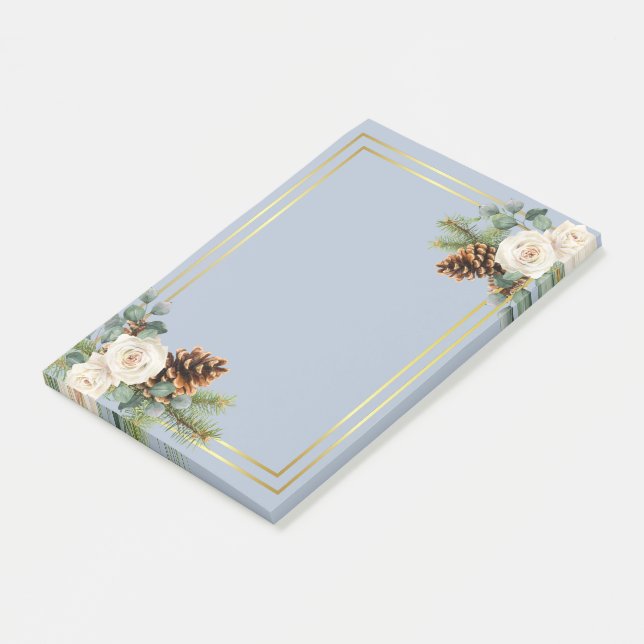 Winter Wedding White Roses Gold Dusty Blue Post-it Klebezettel (angewinkelt)