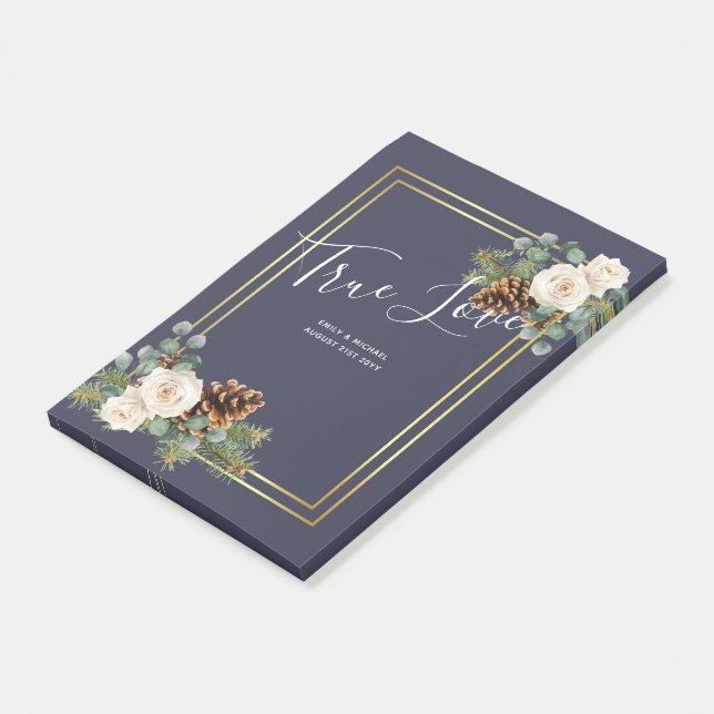 Winter Wedding White Roses Gold Dusty Blue Post-it Klebezettel (angewinkelt)