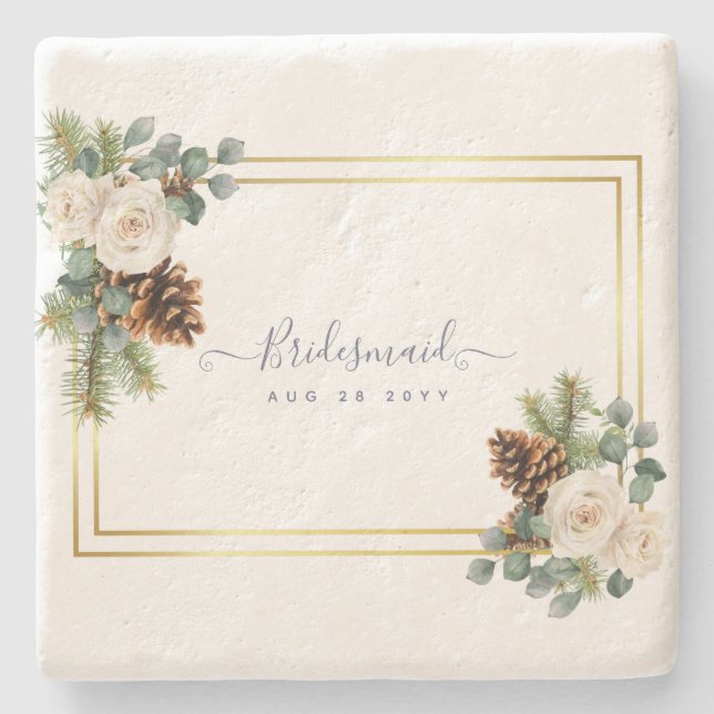 Winter Wedding White Roses Gold Dusty Blue Steinuntersetzer (Vorderseite)