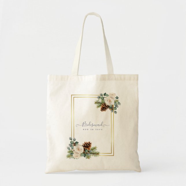 Winter Wedding White Roses Gold Dusty Blue Tragetasche (Vorne)