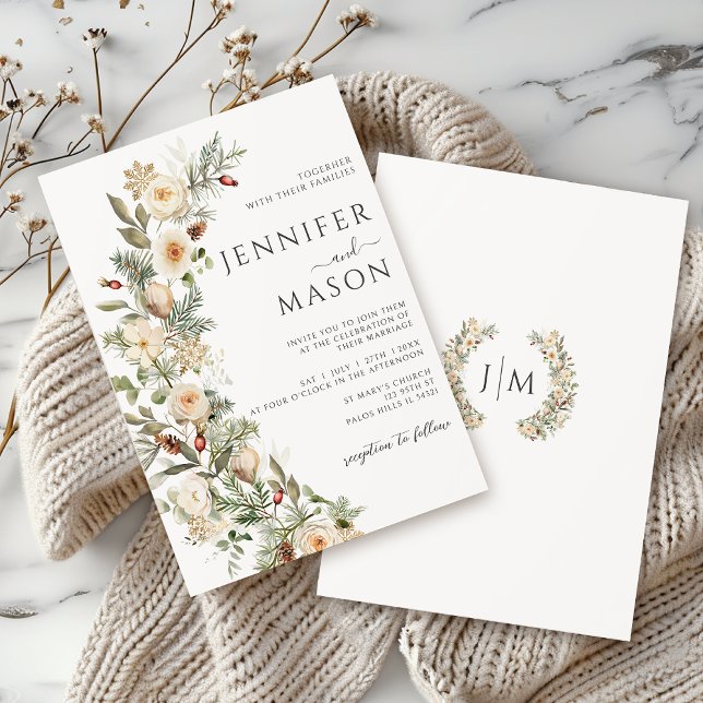 Winter Weihnachten Gold Grüne Blumenzeremonie Einladung (Von Creator hochgeladen)
