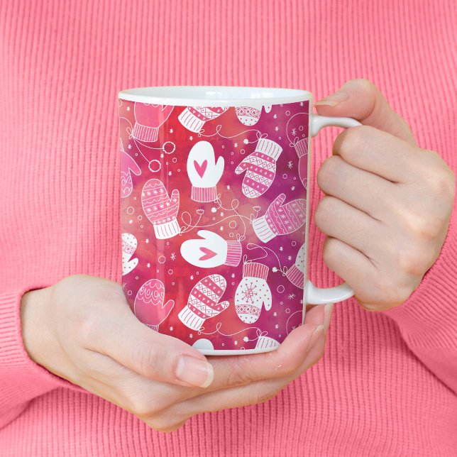 Winter Weihnachten Mittens Muster in Rosa Kaffeetasse (Pink Winter Mittens Pattern Tall Mug)