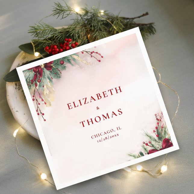 Winter Weihnachten Rote Berries Wasserfarbenwelt G Serviette (winter christmas wedding bridal shower napkin greenery botanical berries red green gold watercolor)