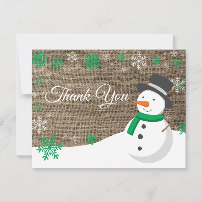 Winter Weihnachten Schneemann Grün Danke Karte (Vorderseite)
