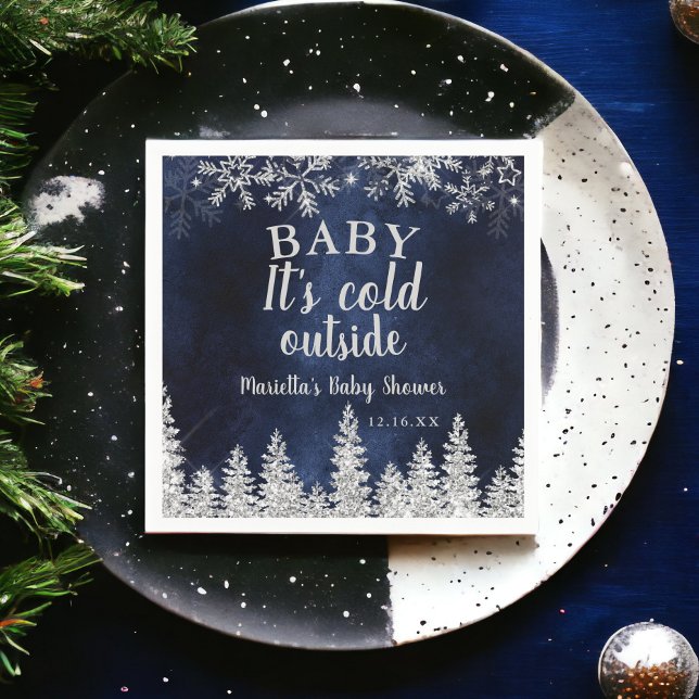Winter Weihnachten Silber Pine Marine Babydusche Serviette (Winter Christmas silver snow pine navy baby shower Napkins)