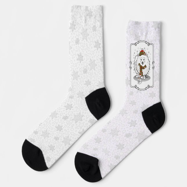 Winter Weihnachten Spitz (weiß) Hund Niedlicher Sc Socken (Linkes Detail)