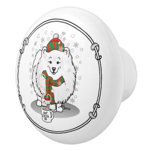 Winter Weihnachten Spitz (weiß) Hunde Scarf Schnee Keramikknauf