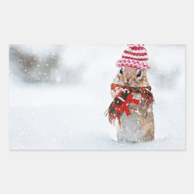 Winter Weihnachts Chipmunk Rechteckiger Aufkleber (Vorderseite)