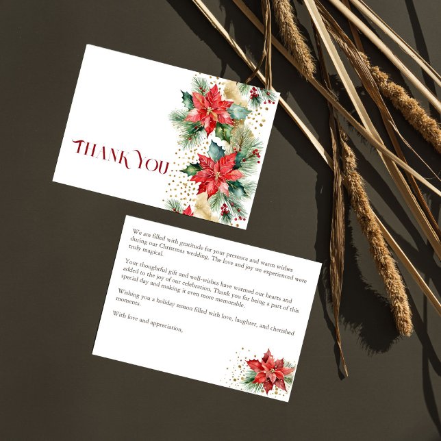 Winter Weihnachts Hochzeit poinsettia Gold Vielen  Dankeskarte (Winter Christmas wedding watercolor pines poinsettia gold sprinkles thank you card)