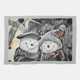 Winter, Weihnachts-Schneemann und Schneefrau zeich Geschirrtuch