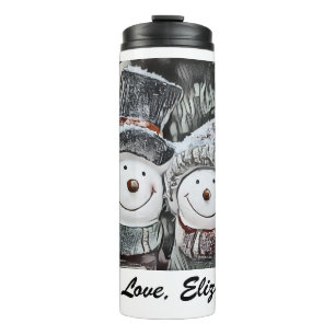 Winter, Weihnachts-Schneemann und Schneefrau zeich Thermosbecher