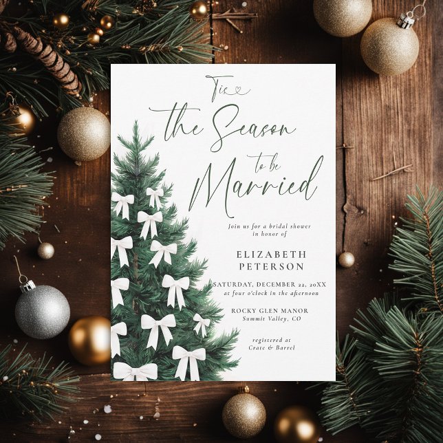 Winter Weihnachtsbaum White Bow Chic Brautparty Einladung (winter bridal shower invitation christmas pine tree coquette white bows watercolor chic cozy cottage)