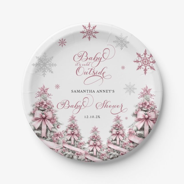 Winter Weihnachtsbäume Schneeflocken Pink Baby Dus Pappteller (Vorderseite)