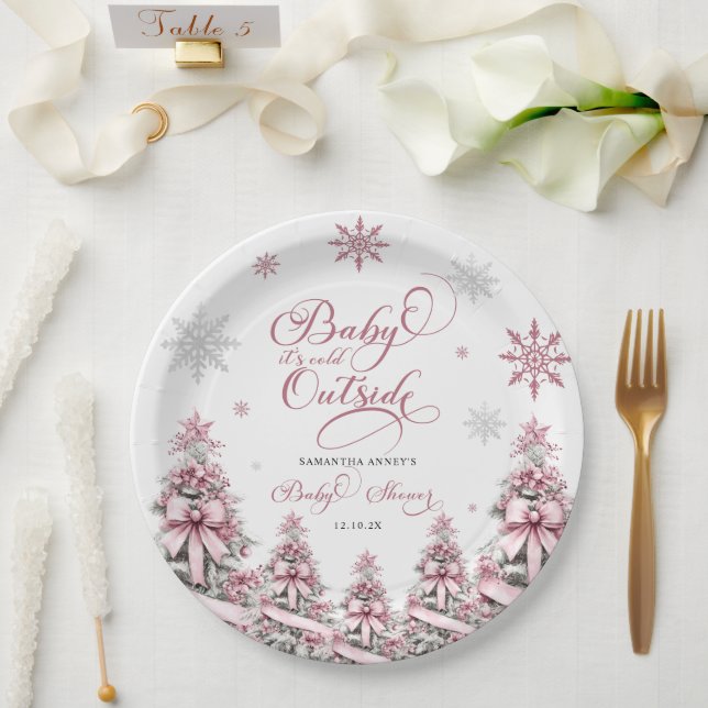 Winter Weihnachtsbäume Schneeflocken Pink Baby Dus Pappteller (Hochzeit)