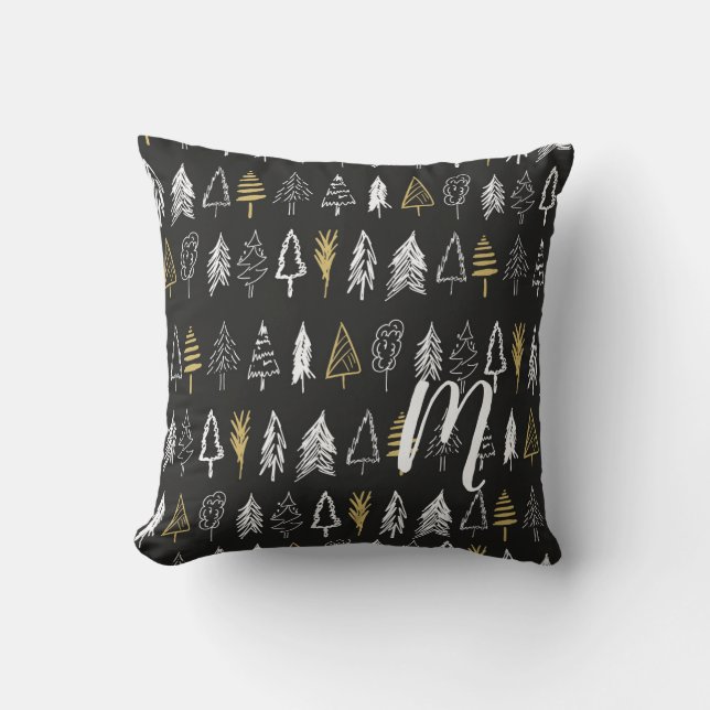 Winter Weihnachtsbaume - Schwarz & Gold - Monogram Kissen (Vorderseite)