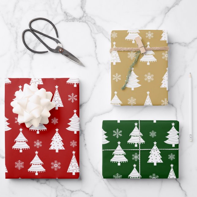 Winter Weihnachtsbaummuster Rot, Grün und Gold Geschenkpapier Set (Vorderseite)