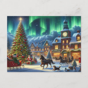 Winter Weihnachtsdorf Aurora Borealis Malerei Postkarte
