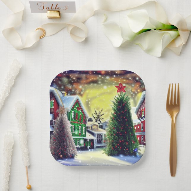 Winter Weihnachtsdorf Szene Pappteller (Hochzeit)