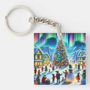 Winter-Weihnachtsfeier unter dem Nordlicht Schlüsselanhänger