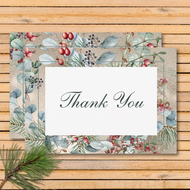 Winter Weihnachtsgrün Gold Hochzeit Dankeskarte (Winter Christmas Greenery Gold Wedding Thank You Card)