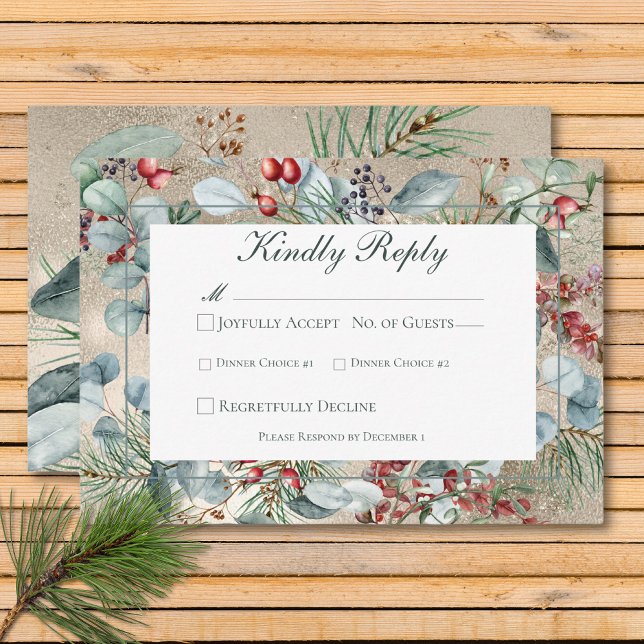 Winter Weihnachtsgrün Gold Hochzeit zwei Abendesse RSVP Karte (Winter Christmas Greenery Gold Wedding Two Dinner RSVP Card)
