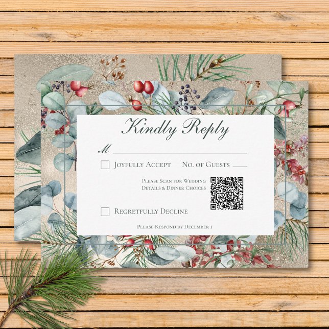 Winter Weihnachtsgrün Gold Wedding QR Code RSVP Karte (Winter Christmas Greenery Gold Wedding QR Code RSVP Card)