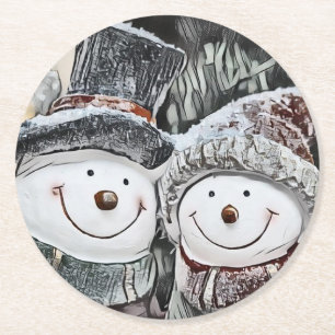 Winter, Weihnachtsmann-Schneemann und Schneefrau Z Runder Pappuntersetzer
