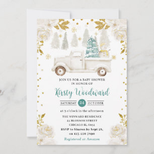 Winter-Weiß- und Gold-LKW-Blumen-Baby-Party Einladung