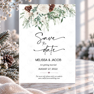 Winter Weiße Rose Immergrüne Zapfen Save the Date