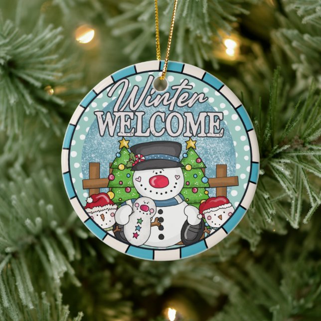 Winter Welcome Snowman Family Weihnachten Keramik Ornament (Baum)