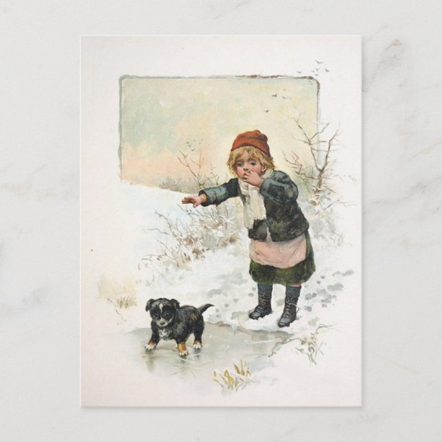Winter Welpe auf Dünneis Vintag Postkarte (Vorderseite)