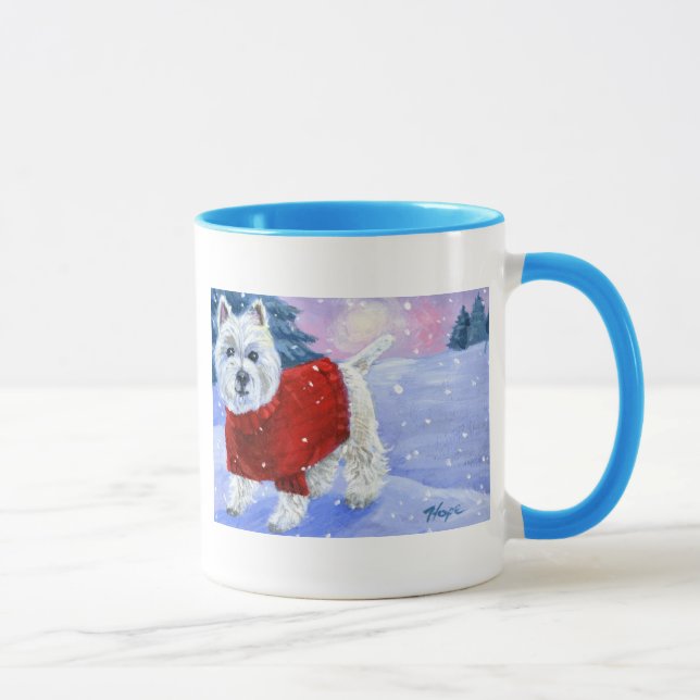 Winter Westie Tasse mit farbigem Griff (Rechts)