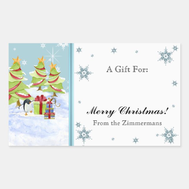 Winter Whimsy Niedlich Pinguin Babys in Snow Star Rechteckiger Aufkleber (Vorderseite)