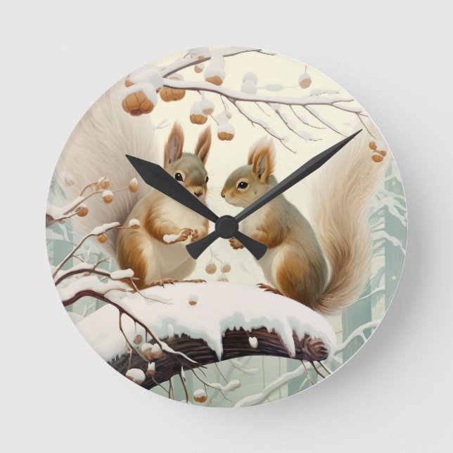 Winter Whispers: Eichhörnchen Snowdance Runde Wanduhr (Vorderseite)