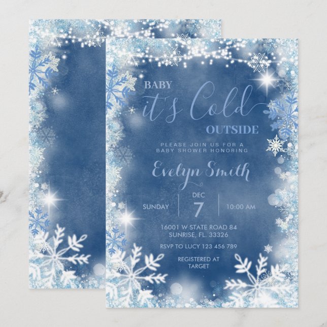 Winter White Blue Cold Outdoor Snowflakes Einladung (Vorne/Hinten)