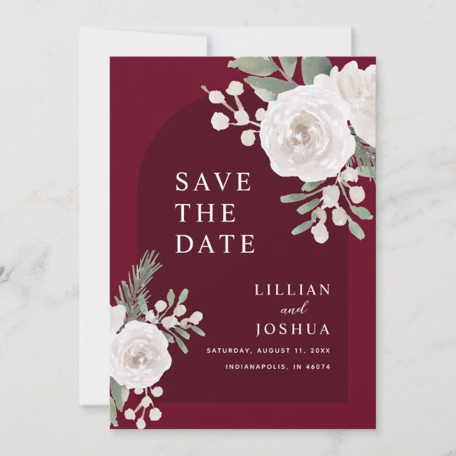 Winter White Botanical Burgundy Wedding Save The Date (Vorderseite)