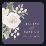 Winter White Botanical Purple Wedding Quadratischer Aufkleber<br><div class="desc">Gorgeous white floral with greenery,  set over a rich purple background,  in a minimalist design...  with your text in modern script and classic font. Simple. Elegant. Perfect for a winter wedding.</div>